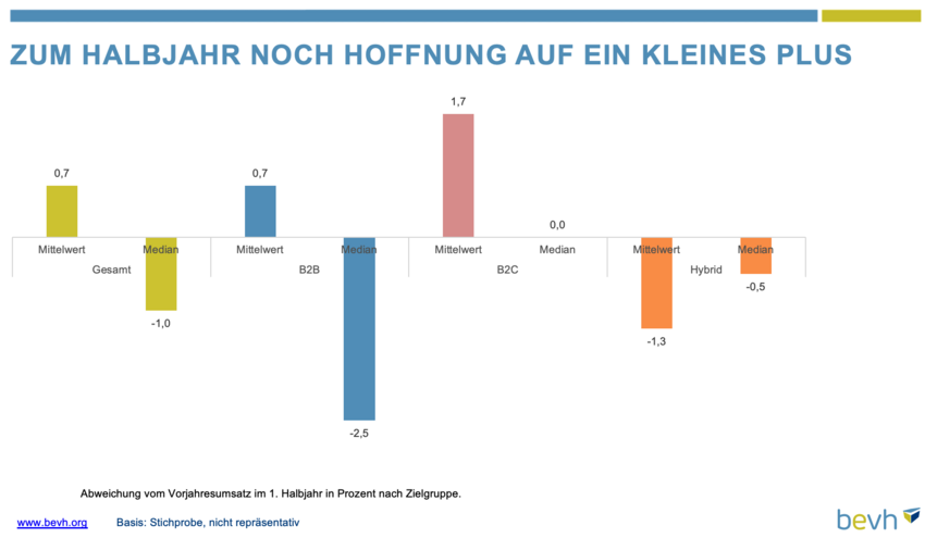 Grafik zeigt die Entwicklung der Umsätze der Onlinehändler im 1. Halbjahr 2024 im Vergleich zum 1. Halbjahr 2023